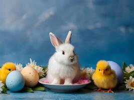 ai generiert Ostern Hase und Küken auf Blau Hintergrund. Weiß Hase mit Ostern Eier und Frühling Blumen. foto