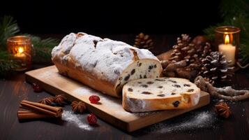 ai generiert Weihnachten Stollen Brot mit festlich Dekorationen foto