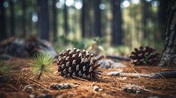 ai generiert Kiefer Kegel inmitten Wald Fußboden im Sonnenlicht foto