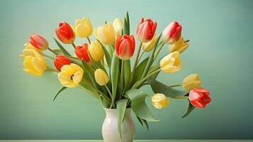 ai generiert beschwingt Tulpen im Vase gegen blaugrün Hintergrund foto