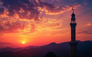 ai generiert Moschee Silhouette im das Sonnenuntergang Licht foto