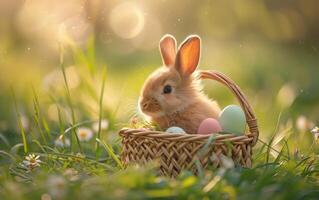 ai generiert Hase und ein Korb randvoll mit Ostern Eier foto