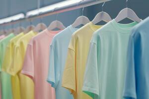 ai generiert mehrere farbig T-Shirts hängen im ein Reihe auf Kleiderbügel foto