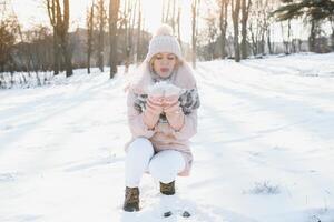 ein Schönheit Mädchen auf das Winter Hintergrund foto