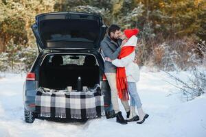 Winter Picknick im das Wald. Liebe Geschichte im Schnee. Paar im Winter abspielen im Schnee und umarmen in der Nähe von das Kiefer. zwei Liebhaber auf Winter gehen. Valentinstag Tag zum Paar im rustikal Stil. Winter Liebesgeschichte foto