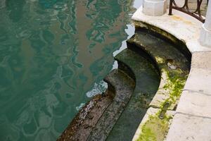 Stein Treppe bedeckt mit Algen entlang ein Kanal während niedrig Tide im Venedig im Italien. Grün Kanal Wasser. Untergang Venedig. foto