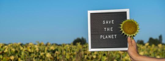 unkenntlich Person mit Banner Botschaft speichern das Planet im Sonnenblume Feld auf sonnig Tag. Zeichen Erde Tag. Konzept von Ökologie und Öko Aktivismus Umwelt Probleme halt global Erwärmen. gehen Grün nachhaltig foto