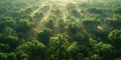 ai generiert Antenne Aussicht erfasst neblig Wald gebadet im Sonnenaufgang glühen foto