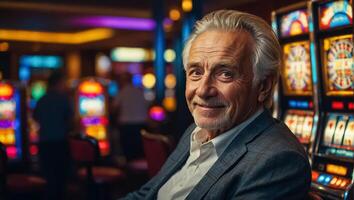 ai generiert Alten Glücksspiel Mann spielen Kasino Slot Maschine heiter foto