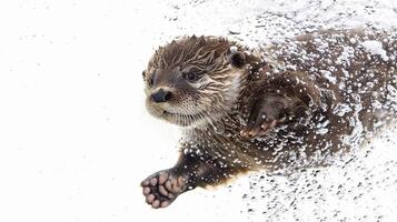 ai generiert Schwimmen Otter Bausatz, ein Baby Otter Kit spielerisch schwebend auf es ist zurück im Wasser, Hintergrund Bild, generativ ai foto