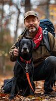 ai generiert ein Mann und seine Hund bereit zum ein draussen Abenteuer, mit Wandern Ausrüstung oder Gehen Zubehör, generativ ai foto