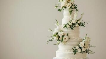 ai generiert Hochzeit Kuchen, abgestuft Hochzeit Kuchen geschmückt mit kompliziert Dekorationen und Fondant Blumen, Hintergrund Bild, generativ ai foto