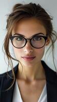 ai generiert konzentriert Fachmann, Nahansicht von ein Geschäftsfrau tragen Gläser, mit ein ernst und konzentriert Ausdruck wie sie sieht aus direkt beim das Kamera, generativ ai foto