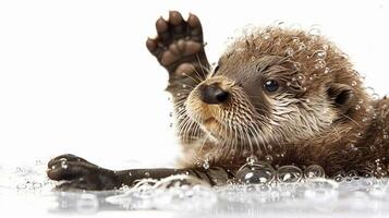 ai generiert Schwimmen Otter Bausatz, ein Baby Otter Kit spielerisch schwebend auf es ist zurück im Wasser, Hintergrund Bild, generativ ai foto