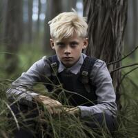 ai generiert Porträt von ein blond Junge im das Wald foto