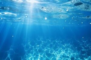 ai generiert klar Blau Wasser Oberfläche mit schön planschen Wellen und Seife Blasen. abstrakt Sommer- Banner Hintergrund foto