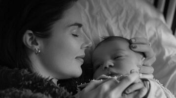 ai generiert Mutter halten ihr Neugeborene Baby schließen zu ihr Brust, mit beide von Sie Blick beim jeder andere mit Liebe und Zärtlichkeit, Hintergrund Bild, generativ ai foto