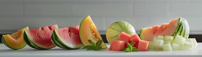 ai generiert Vielfalt von Melonen einschließlich Wassermelone Cantaloup-Melone und Honigtau, geschnitten in Keile oder Würfel, generativ ai, Hintergrund Bild foto