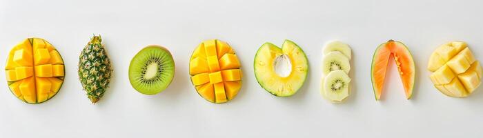 ai generiert tropisch Obst Teller, Auswahl von tropisch Früchte eine solche wie Mangos Ananas Kiwis und Papayas, generativ ai, Hintergrund Bild foto