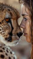 ai generiert Nahansicht von das schön Frau suchen in das Augen von ihr Gepard, mit beide Teilen ein Moment von gegenseitig Verstehen und Verbindung, generativ ai foto