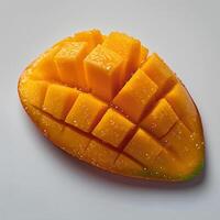 ai generiert Mango isoliert auf Weiß Hintergrund mit Schatten. tropisch Obst Mango isoliert. Mango Scheiben auf Weiß Hintergrund. Mango oben Sicht. Mango eben legen foto