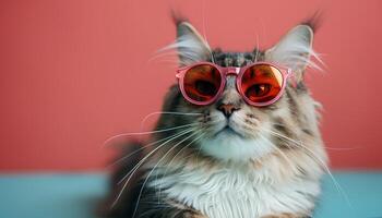ai generiert Katze tragen Sonnenbrille auf einfach Hintergrund. katzenartig Katze mit Sonnenbrille isoliert auf Hintergrund. modisch pelzig Katze posieren zum Kamera im Sonnenbrille foto