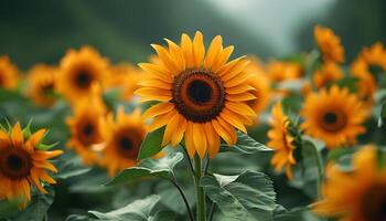 ai generiert Sonnenblume Feld beim Sonnenuntergang. Sonnenblume Feld beim Sonnenaufgang. Feld von Gelb völlig blühte Sonnenblumen während Sommer- Zeit. Gelb Blume blühen foto