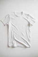 ai generiert Weiß Farbe T-Shirt Lügen auf ein Weiß Hintergrund foto