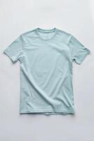 ai generiert Blau Farbe T-Shirt Lügen auf ein Weiß Hintergrund foto
