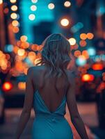 ai generiert ein attraktiv blond im ein Blau Kleid auf ein Abend Straße foto