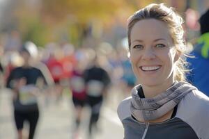 ai generiert Frau mit ein Lächeln läuft ein Marathon, mit verschwommen Läufer im das Hintergrund foto