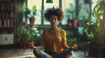 ai generiert ein heiter Szene von ein Geschäftsfrau üben Yoga im ein bunt Büro Raum foto