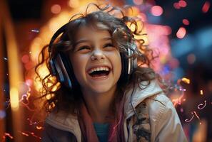 ai generiert Mädchen Lachen und lächelnd mit Kopfhörer auf glücklich Mädchen foto