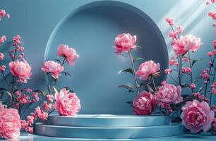 ai generiert Rahmen mit Weiß Fernseher Bildschirm Rahmen isoliert auf Blau Hintergrund mit Rosa Pfingstrose Blumen foto