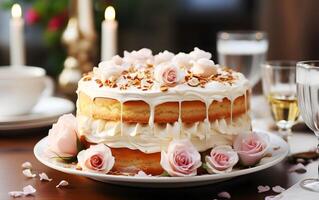 ai generiert hausgemacht Bäckerei Sahne Käse Glasur auf köstlich Kuchen und Beeren Pfannkuchen dekoriert mit Blühen Blumen auf Belag auf hölzern Tabelle in der Nähe von Fenster foto