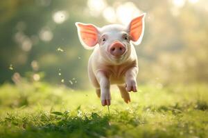 ai generiert ein Schwein ist Laufen auf ein Grün Feld foto