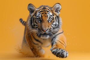 ai generiert ein Tiger Laufen auf ein Orange Hintergrund foto
