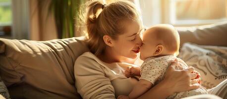 ai generiert Porträt von Mutter und Baby. schön Frau halten ein Baby Kind im ihr Waffen. Bild von glücklich Mutterschaft und Familie. generativ ai foto