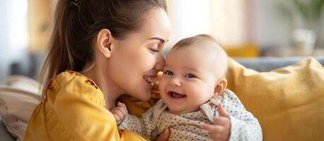 ai generiert süß wenig Baby im das Waffen von ihr Mutter im ein Leben Zimmer. süß wenig Baby im das Waffen von ihr Mutter im ein Leben Zimmer. generativ ai foto