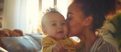 ai generiert Mutter küssen wenig Baby Junge beim heim. glücklich jung Mutter küssen bezaubernd Säugling Baby beim heim. generativ ai foto