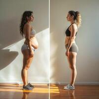 ai generiert Damen Zahl im Profil Vor und nach Gewicht Verlust foto