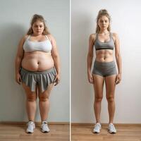 ai generiert Frau im kurze Hose zeigt an getönt Beine nach Gewicht Verlust Transformation foto