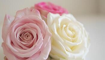 ai generiert Rosa und Weiß Rosen sind gezeigt im ein Reihe foto