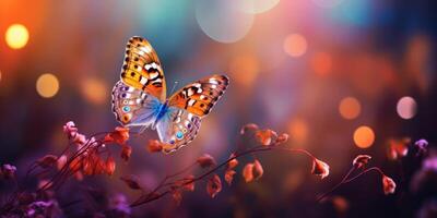 ai generiert Schmetterling im Blume mit Hintergrund von Bokeh Licht im Abend Sonnenuntergang foto