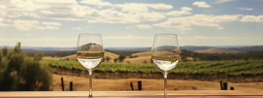 ai generiert Wein Brille auf hölzern Tabelle im Landschaft foto