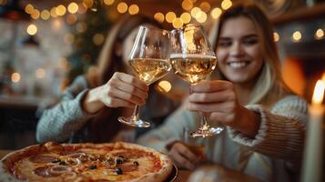 ai generiert ein charmant Schuss von zwei freunde beim ein klein Cafe auf das Tisch, Klirren Brille im ein Toast foto