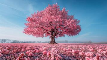 ai generiert Rosa Baum Stehen im Feld foto