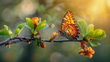 ai generiert Schmetterling Sitzung auf Ast von Baum foto