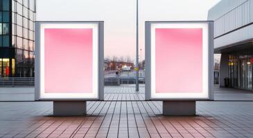 ai generiert zwei Menschen im Einkaufszentrum suchen beim leer Plakatwand im Vorderseite von ein leeren einer foto