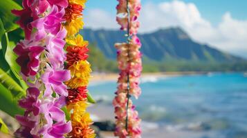 tropisch Blume Lei Girlanden Über hawaiisch Küsten Sicht. Lei Tag, kulturell Feier im Hawaii beim kann 1 Vorlage mit leeren Kopieren Raum zum Text foto